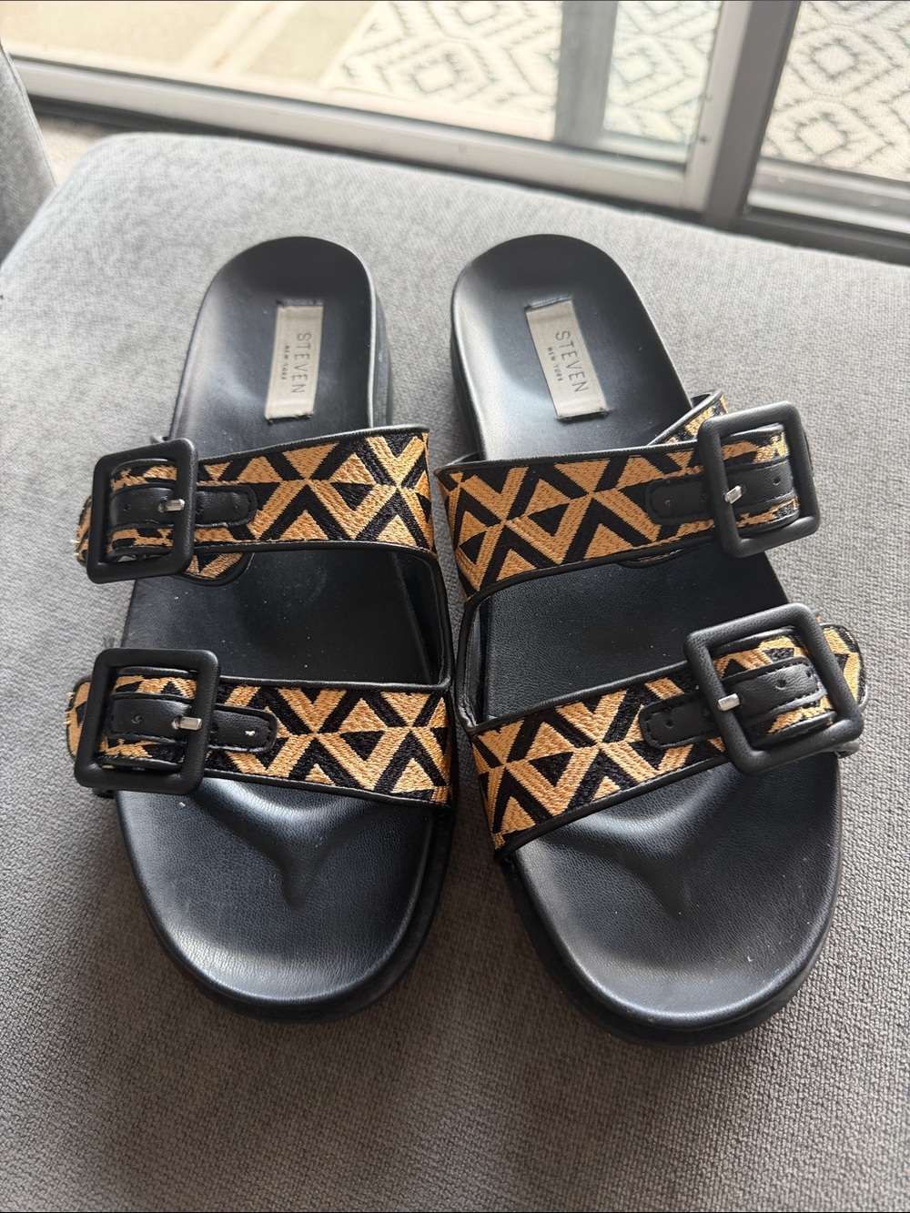 Steven Black Slide Sandals with Tan Geometric Straps